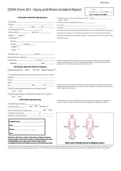 Fillable Osha Form 301 - Injury And Illness Incident Report printable pdf download