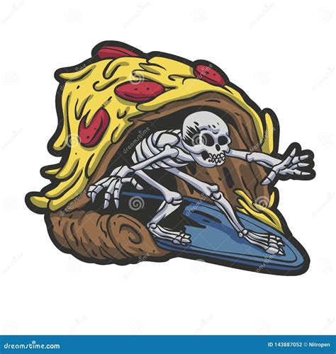 Skeleton Pizza Surf Cartoon Vector Illustration | CartoonDealer.com #143887052