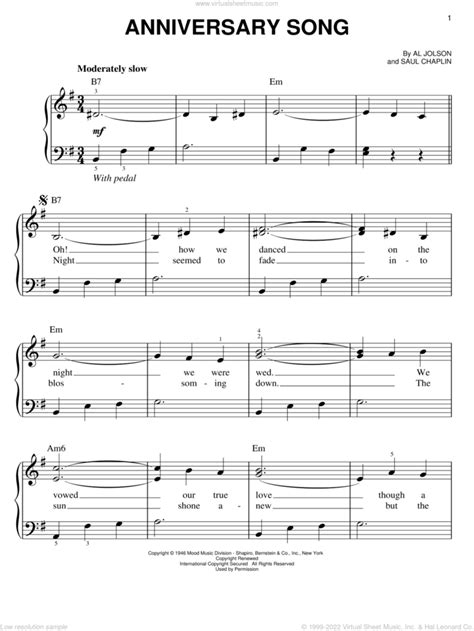 Anniversary Song, (easy) sheet music for piano solo (PDF)