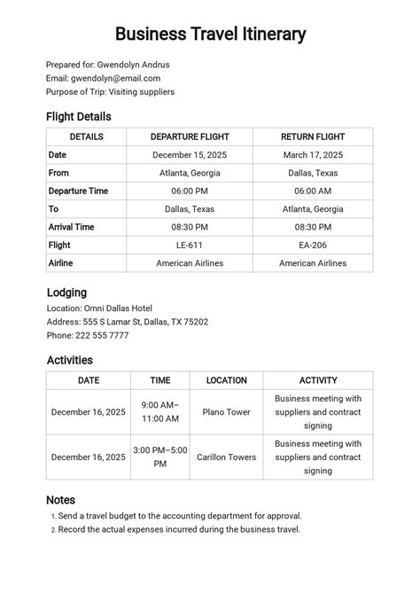 Executive Travel Itinerary Template [Free PDF] - Google Docs, Google Sheets, Word | Template.net