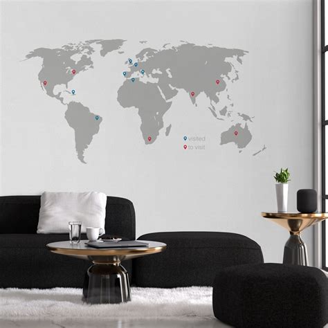 World Map With Pins Large World Map Vinyl Wall Sticker World Map Wall ...