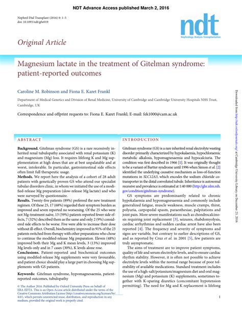 (PDF) Magnesium Lactate in the Treatment of Gitelman Syndrome – Patient ...