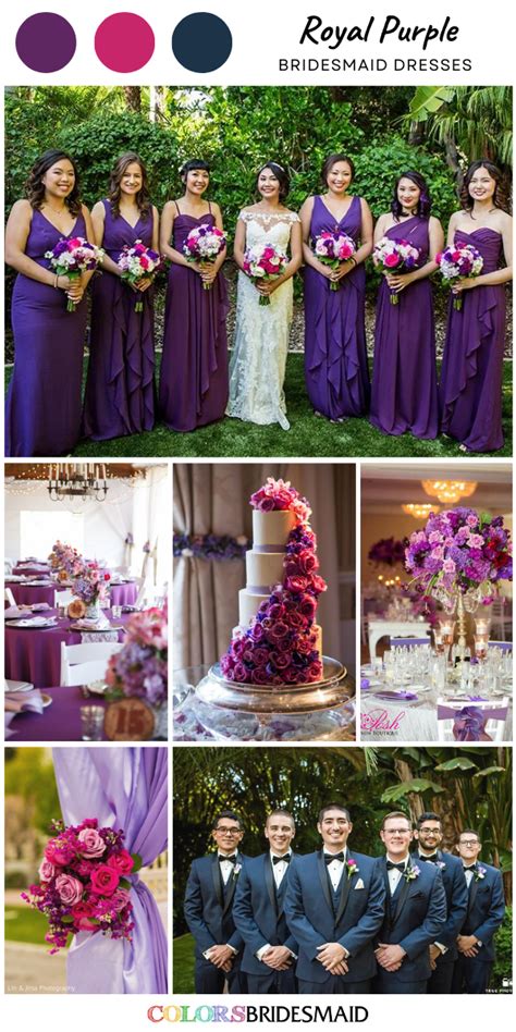 the bride and grooms are posing for pictures with their purple wedding ...