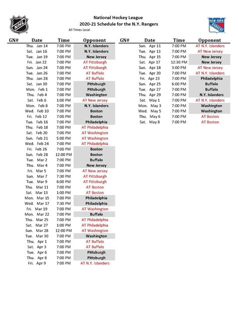 New York Rangers Printable Schedule - Free Printable Templates