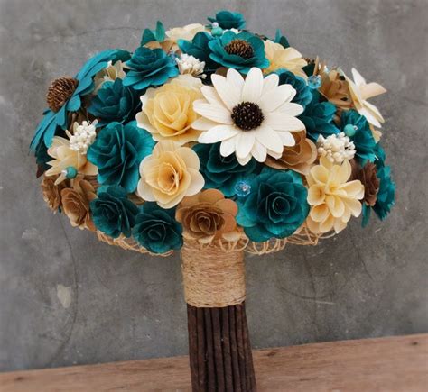 Blue Teal, Copper, Mahogany Brown and Natural Ivory Bridal Bouquet Made ...