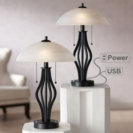 360 Lighting Modern Accent Table Lamps Set of 2 with USB Port and Outlet Dark Metal Base Glass ...