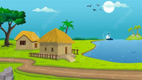 Village Cartoon Background Illustration With Cow Cottage Lake Trees And Narrow Road Vector ...