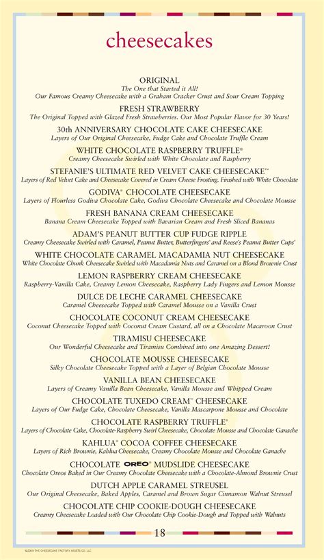 Menu at The Cheesecake Factory restaurant, Tulsa, East 71st St S