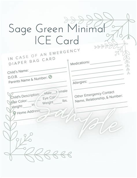 Child EMERGENCY Card for Car Seat or Diaper Bag/ Waller Sized/ Business Card Size Minimal Sage ...