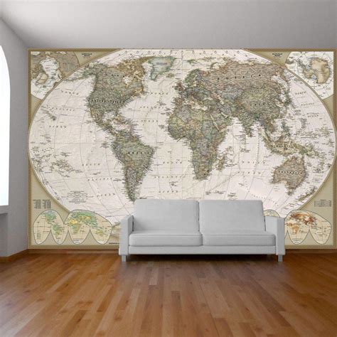 World map wall paper mural, self adhesive old style world map. Globe wall decal, photo mural ...