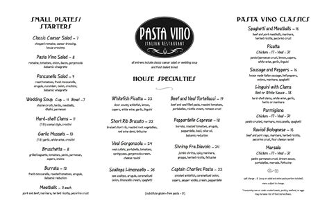 Pasta Vino Menu, Menu for Pasta Vino, Sister Bay, Sister Bay ...