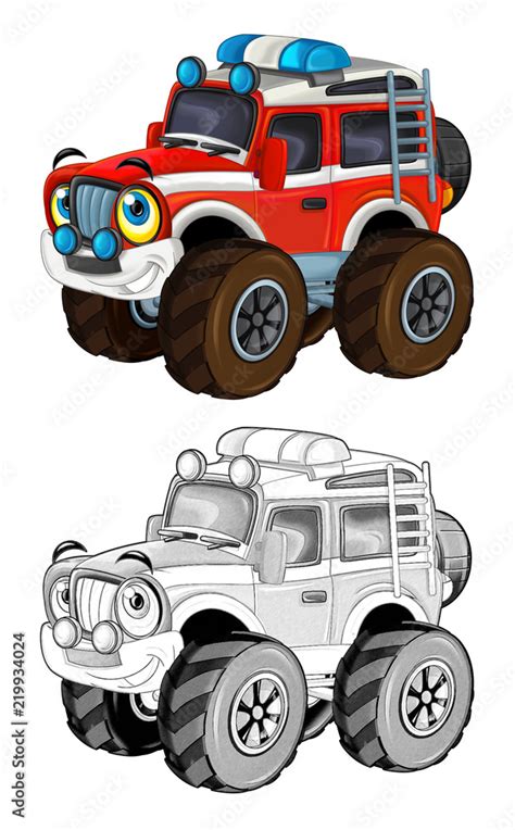 cartoon funny off road fire fighter truck looking like monster truck ...