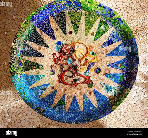 Antoni Gaudi ceramic mosaic design in Guell Park, Barcelona, Catalonia, Spain Stock Photo - Alamy