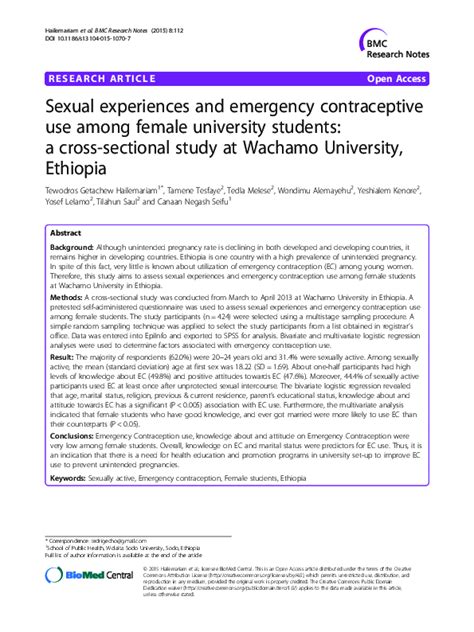 (PDF) Sexual experiences and emergency contraceptive use among female university students: a ...