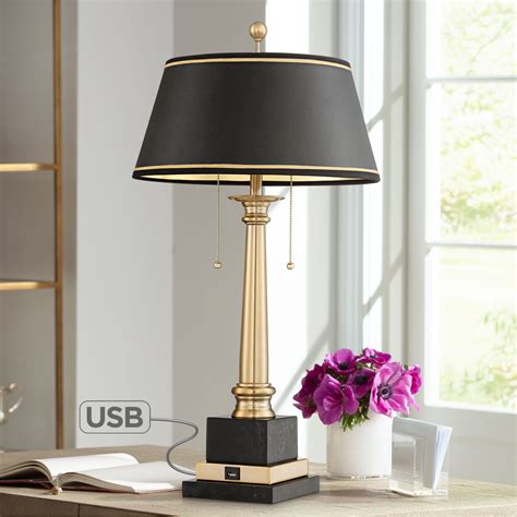Barnes and Ivy Traditional Desk Table Lamp with USB Charging Port Warm Brass Black Shade for ...