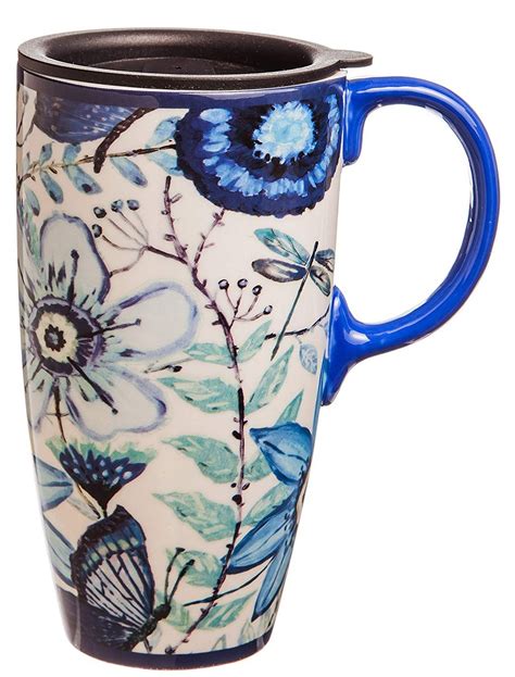 Amazon.com: Shades of Indigo Flowers and Butterflies Ceramic Travel Coffee Mug 17oz: Kitchen ...