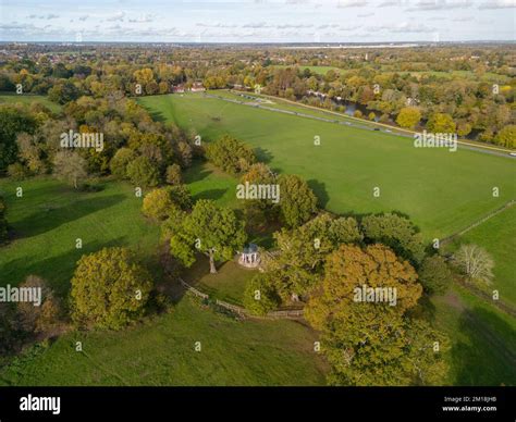 Aerial view of the Magna Carta Memorial towards the River Thames ...