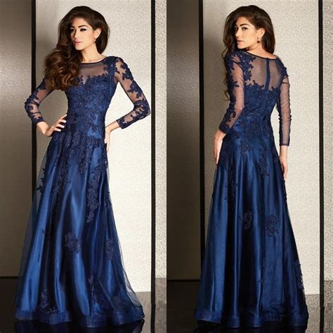 2016 Sheer Long Long Sleeve A Line Dark Royal Blue Evening Dresses Tulle Appliques Beaded Lace ...