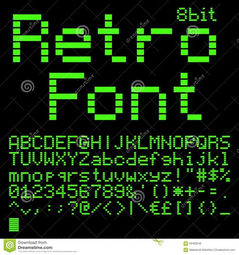 Illustration about Old computer pixel interlaced font. like on green monitor 5x7 pixels glyphs ...