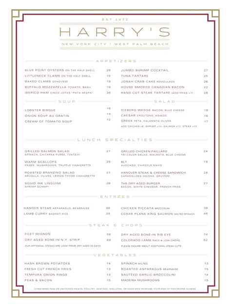 Harry's Bar & Restaurant | New York City Menu