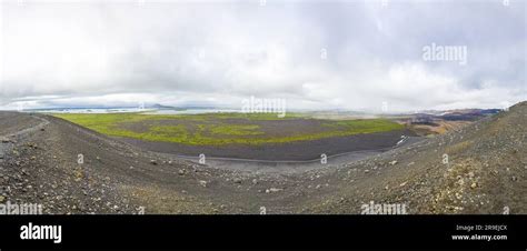 Panoramic picture of Mývatn lake area on Iceland from Hverfjall volcano crater in summer Stock ...