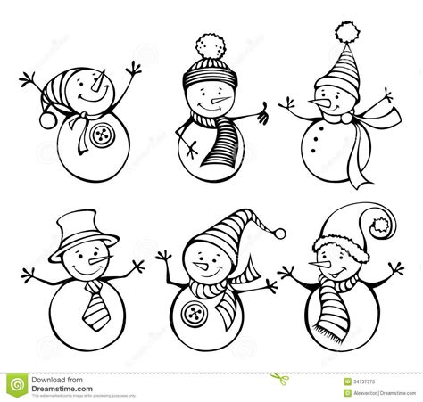 Six Snowmen Isolated On White Background Stock Vector | Snowman Clipart Free Black And White ...