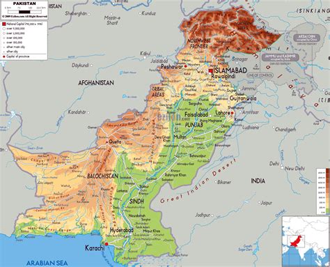 Large physical map of Pakistan with roads, cities and airports ...