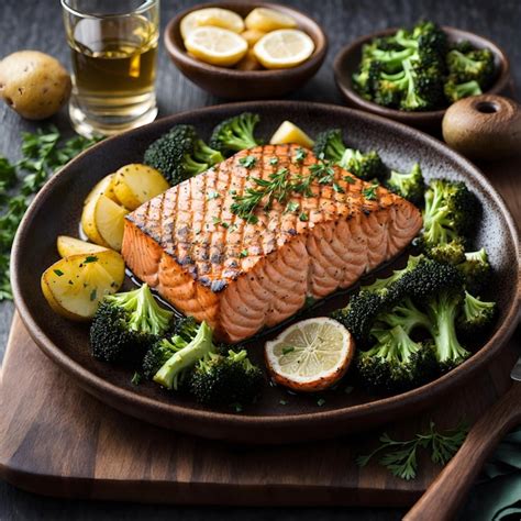 Premium AI Image | Grilled Salmon Steak with Potatoes and Broccoli