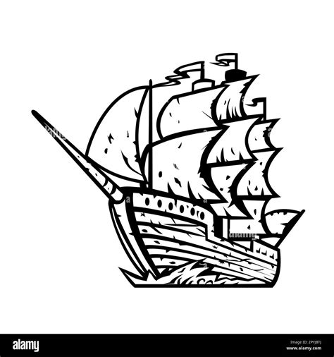 Retro woodcut style illustration the El Caleuche, The Enchanted Ship, Barcoiche, The Ghost Ship ...