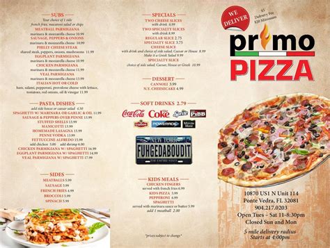 Menu at Primo Pizza pizzeria, Nocatee