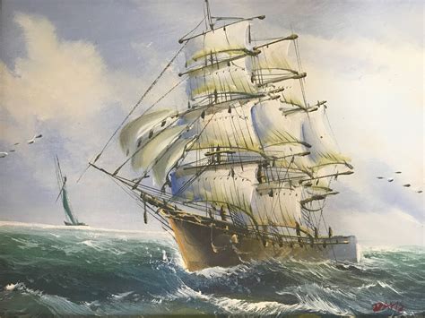 Vintage 2004 Oil Painting Signed Davis Ship at Sea Full - Etsy | Boat ...