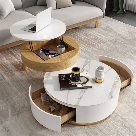 Table basse ronde moderne avec plateau de rangement Table basse en bois et pierre avec 2 tiroirs ...