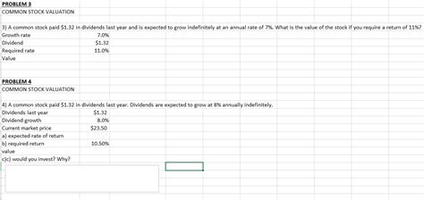 [Solved] Valuation Calculations. PROBLEM 3 COMMON STOCK VALUATION 3) A ...