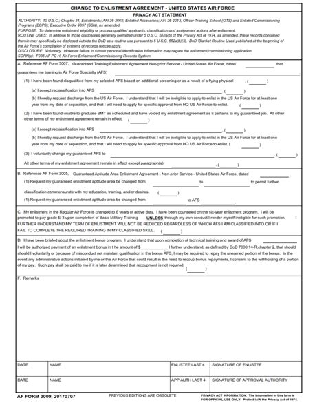 AF Form 3009 – Change To Enlistment Agreement – United States Air Force ...