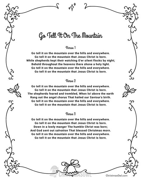 Free Printable Lyrics for Go Tell It on the Mountain