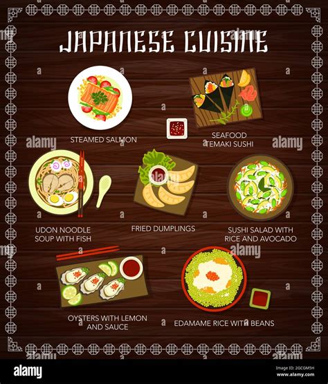 Japanese cuisine food menu, dishes, meals poster with Asian traditional ...