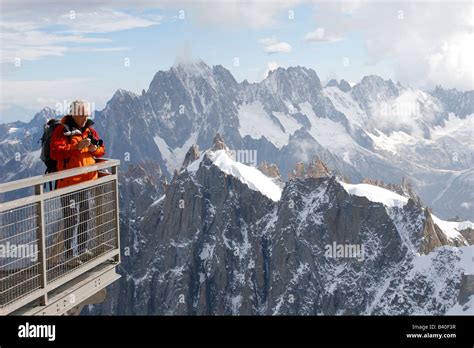 Viewpoint at the summit of the Aiguille du midi cable car near Chamonix ...