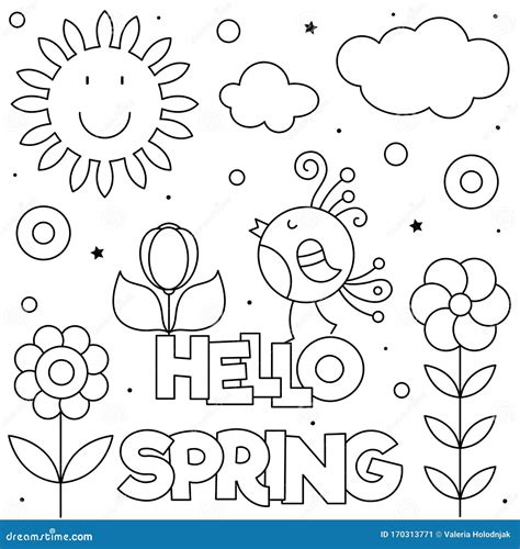 Hello Spring. Coloring Page. Black and White Vector Illustration. Stock ...