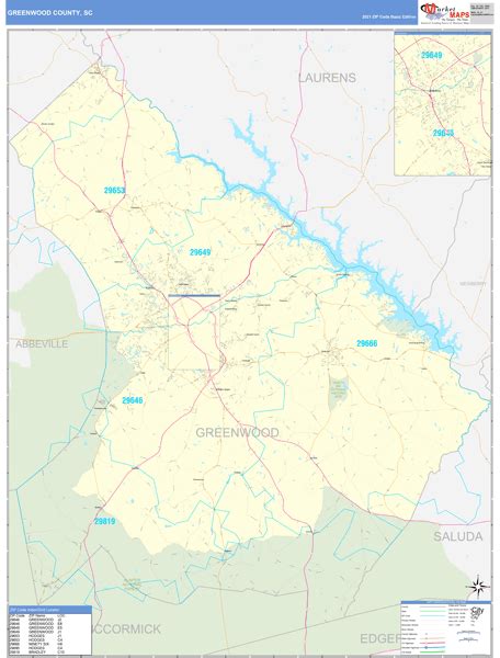 Greenwood County, SC Zip Code Wall Map Basic Style by MarketMAPS