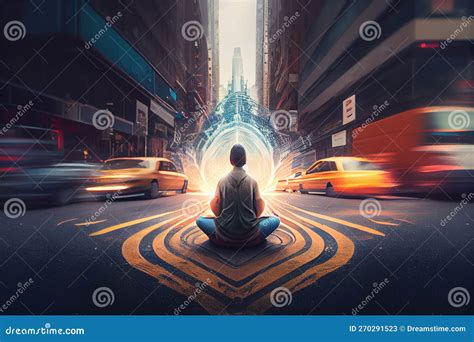 Man Meditating in Noisy Place City Center. Yoga Pose Energy Portal Stock Illustration ...