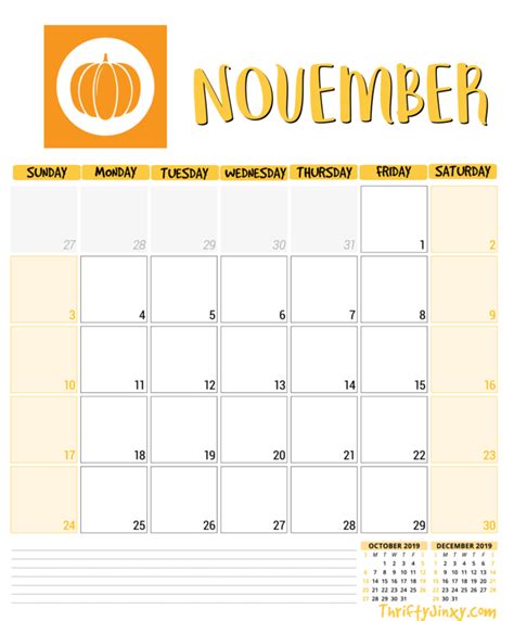 Free November Calendar Printable Page - Thrifty Jinxy