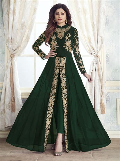 Green Ethnic Embroidered Designer Slit Style Anarkali Pant Suit – Hatkay.com