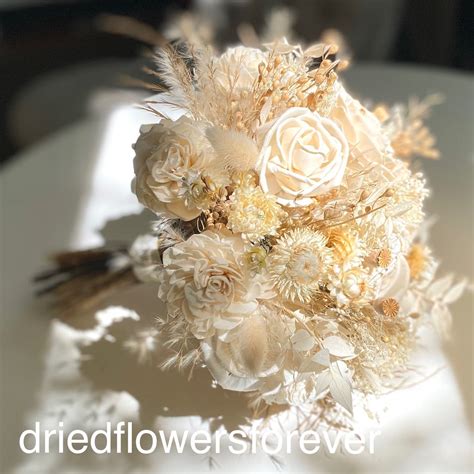 Ivory Gold Cream White Wedding Bouquet - Dried Flowers Forever