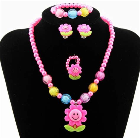 4Pcs Kids Baby Girl Kids Imitation Pearls Candy Bead Flower Necklace Bracelet Rings Earrings ...