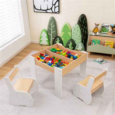 4-in-1 Wooden Activity Kids Table and Chairs with Storage and ...