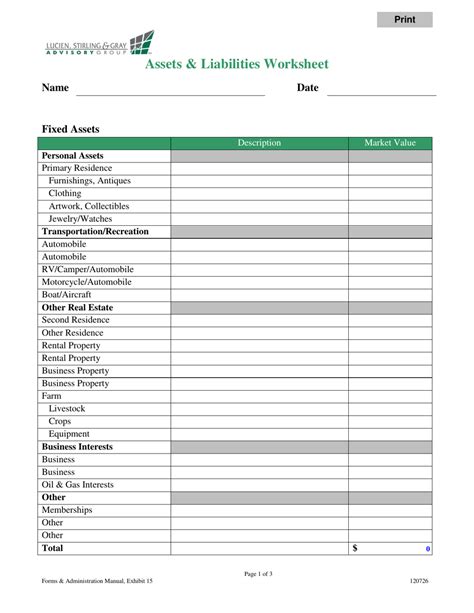 Assets & Liabilities Worksheet - Lucien, Stirling & Gray Advisory Group Download Fillable PDF ...