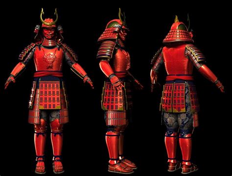 three different types of armor with red and black colors on them, one is wearing a helmet