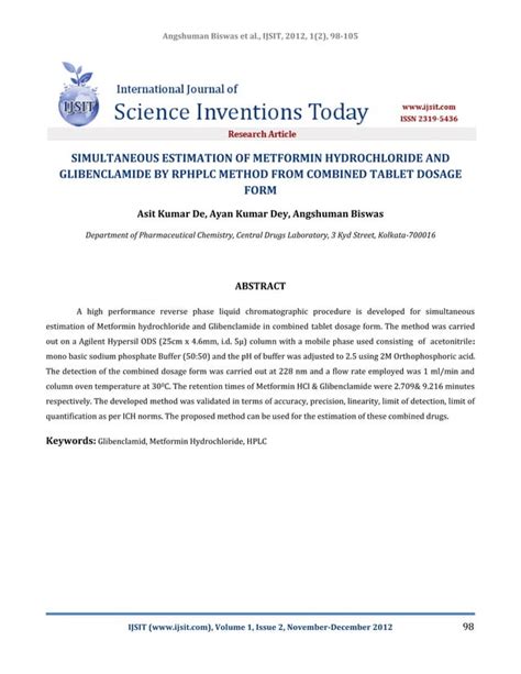 Simultaneous estimation of metformin hydrochloride and glibenclamide by rphplc method from ...