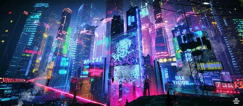 2K Descarga gratis | neones en rascacielos de ciudad futurista, Fondo de pantalla HD | Peakpx