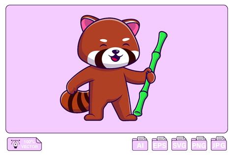 Cute Red Panda Holding Bamboo Cartoon Graphic by mokshastuff · Creative ...